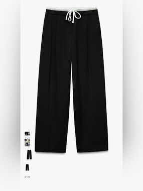 Wide Leg Drawstring Pants in Black with White Trim Zara